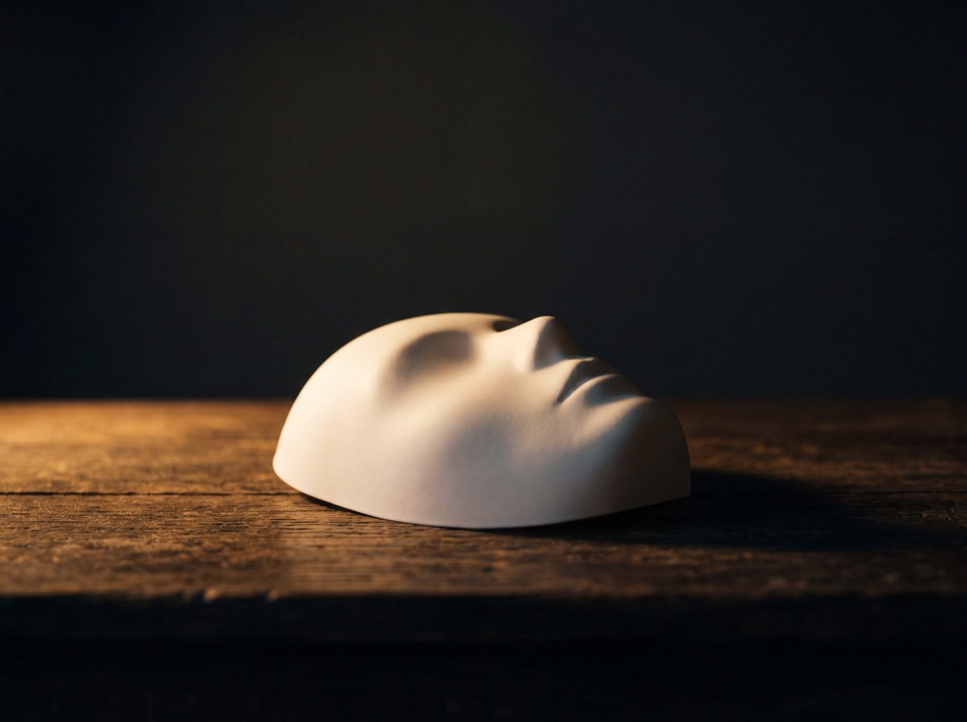 A plain mask set down in warm light — the face we wear for everyone else