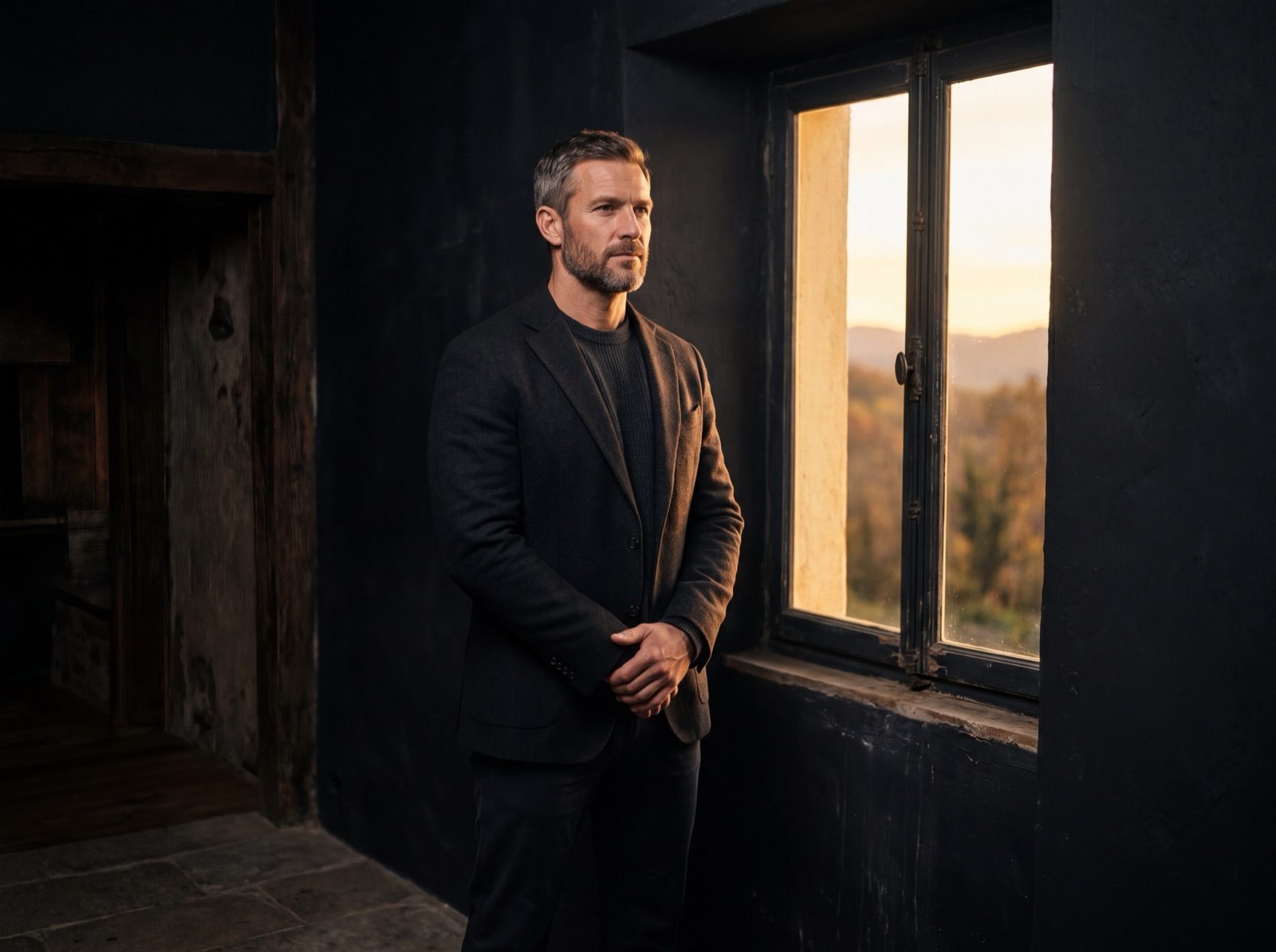 A composed man standing in quiet conviction, warm light behind him